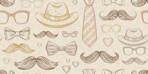 Vintage pattern for Father day on old craft paper background. Dad day design. Seamless pattern with sketch male hat, tie, mustache and glasses with brown kraft paper texture, vector illustration