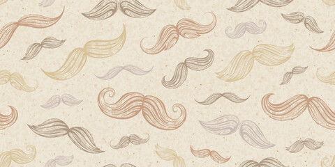Vintage mustache seamless pattern. Sketch hipster art on old paper. Hand drawn men mustache in retro style on cardboard background. Seamless pattern for Father day, vector illustration
