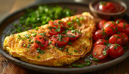 delicious omelet dish with spices decorated with tomato, healthy food.. © Frame Stocks