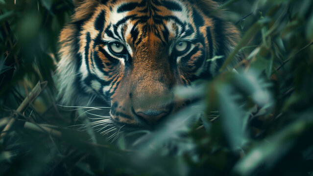 Close up of a tiger in the jungle, Panthera tigris altaica