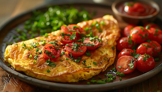 delicious omelet dish with spices decorated with tomato, healthy food..