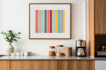 A vibrant kitchen featuring a stunning painting on the wall