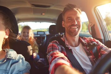 Happy Father and Children Sharing a Moment on a Sunny Car Ride - obrazy, fototapety, plakaty