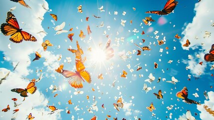 thousand of butterflies against a sunny blue sky, 16:9