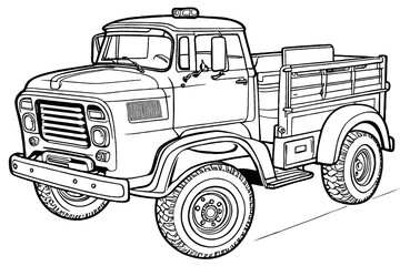 Old Pickup Truck Outline Vector Illustration. Black and White Cartoon Truck. Old Truck Coloring Page For Kids and Adults. Cartoon Truck Vector Illustration. Colouring sheets. Truck Coloring Sheet.
