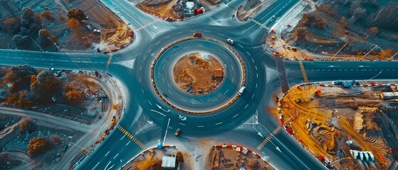 road construction in the industrial sector. Under construction is a roundabout on a large. creation of a fast transit system via transportation. - obrazy, fototapety, plakaty