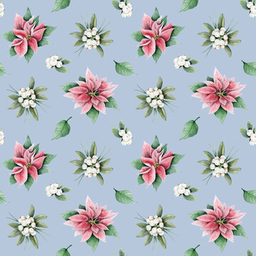 Christmas flowers and plants in red pink and green watercolor seamless pattern on pastel blue background. Winter holidays florals, poinsettia nd white berries for greeting cards and wrapping paper
