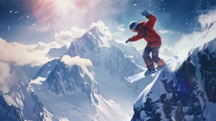 Imagine the adrenaline-fueled moment as a snowboarder leaps into the bright - Powered by Adobe