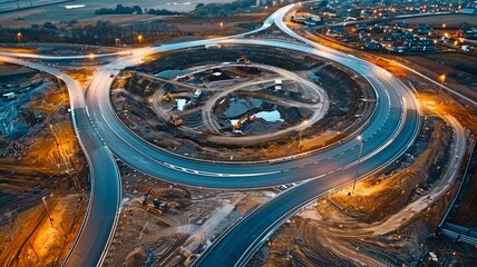 road construction in the industrial sector. Under construction is a roundabout on a large. creation of a fast transit system via transportation. - obrazy, fototapety, plakaty