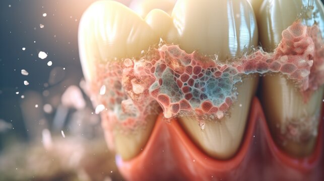 Bacteria on teeth in a microscopic view. Dentist and dental care concept.