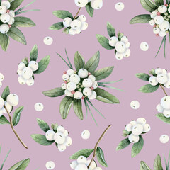 Stylish white berries on dust pink watercolor seamless pattern. Hand drawn snowberry branches with green leaves, Botanical Christmas plant for floral winter designs and holidays greeting cards