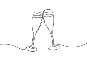 Continuous Line Drawing of Champagne Glasses Black Sketch on White Background. Two Glasses Simple One Line Drawing. Minimal Hand Draw Illustration for Cafe, Party, Holiday, Invitation. Vector EPS 10