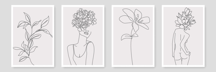 One Line Drawing Wall Art Prints Set with Vector Flowers and Female Portrait. Modern Trendy Single Line Art Poster Set, Aesthetic Contour Minimal Style. Perfect for Home Wall Décor, Bag or T-shirt Des
