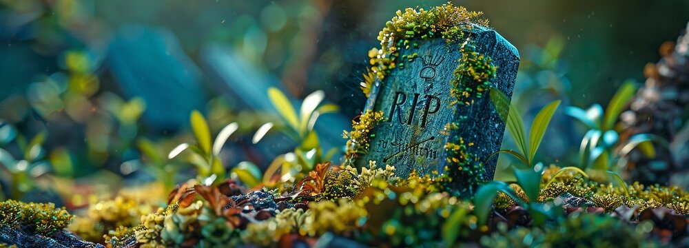 "RIP" text on a mossy tombstone. Concept of Death and Mourning. Ancient Tombstone Encased in Moss. Concept of History and Time