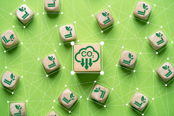 Green factory  connection link with carbon reduction icon for green produce and economy to reduce carbon dioxide emission from Kyoto protocol within 2050 ,Sustainability environment concept.