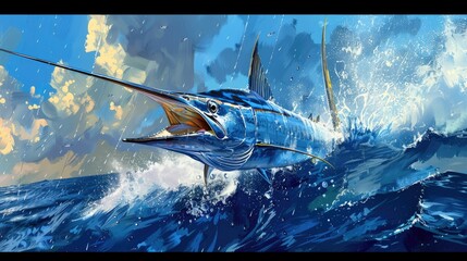 llustrate the allure of deep-sea fishing by emphasizing the Blue Marlin, a large and popular game fish that adds excitement and challenge to the pursuit of anglers