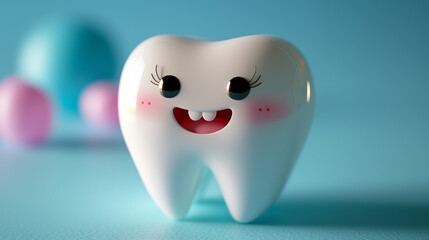cute tooth 3d kawaii character on a pastel blue background