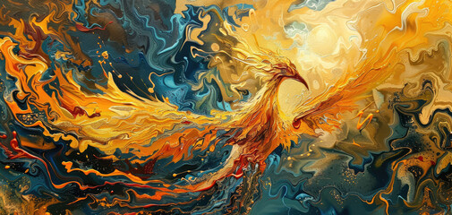A majestic phoenix soaring through the sky, its vibrant plumage shimmering with golden hues as it emerges from flames of fire.