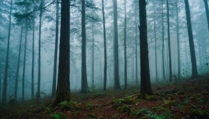 Fototapeta premium Mysterious forest with a moonlit path fog and a Halloween backdrop hint