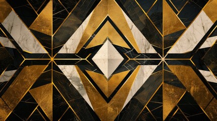 Investigate the use of symmetry in an abstract composition with gold triangle shapes and opulent golden lines.