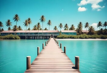 Comic-style Wooden pier extending into clear turquoise. - obrazy, fototapety, plakaty