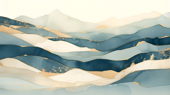 Abstract watercolor painting inspired by Asian art. Layered blue mountains with textured elements and delicate gold details. Sophisticated, tranquil artwork background