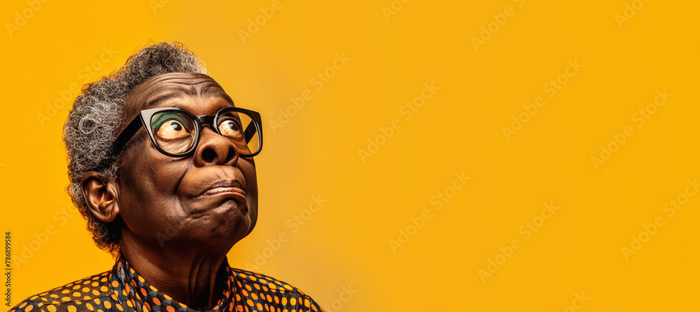 Wall mural elderly african american black woman wearing glasses, looking up to copy space on side. studio banne