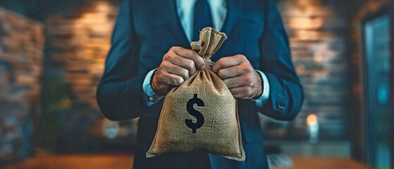 A money bag, symbolizing financial preparation, is held by the businessman. - obrazy, fototapety, plakaty