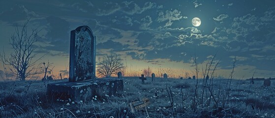 A lonely tombstone in a quiet cemetery at night.