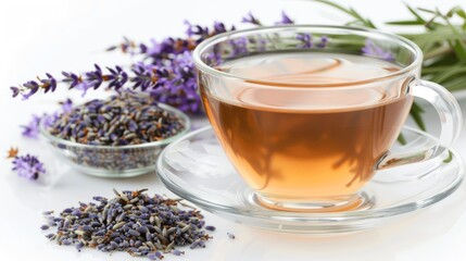 Fototapeta premium Cup of lavender tea on a white background. A cup of lavender tea and a teapot with fresh flowers on a white table. Herbal drink.