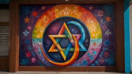 a colorful mural with the crescent, cross, Om, and Star of David harmoniously entwined to represent the peaceful coexistence of many religions. a unity mural. Expression of art