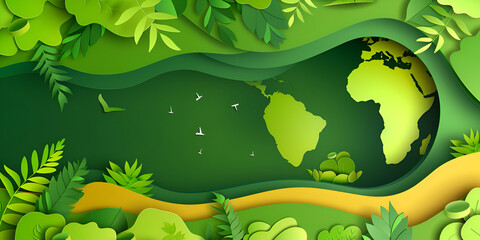 green landscape with trees and a green field paper art of green nature and earth day concept landscape