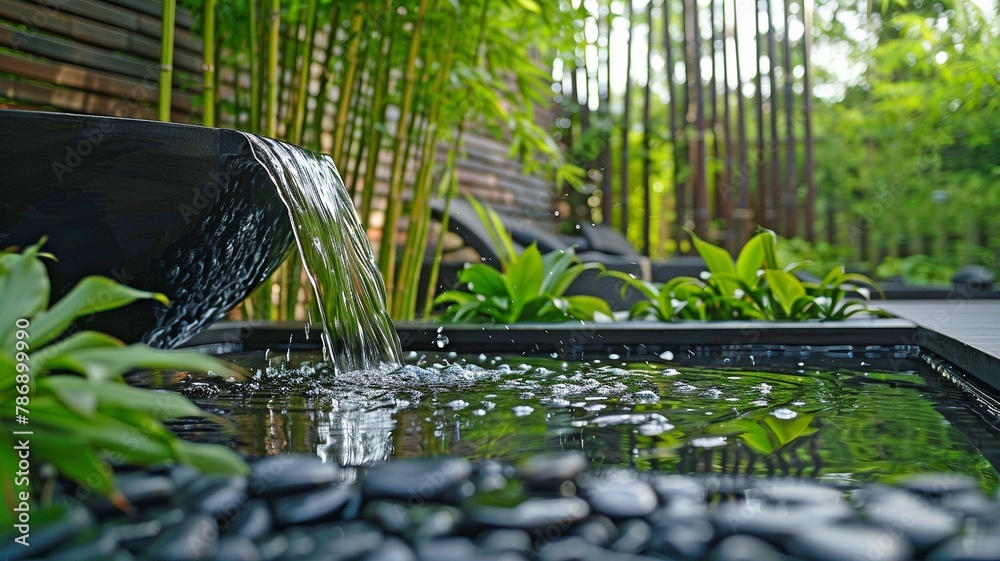 Wall mural serene water garden including a bamboo water fountain.