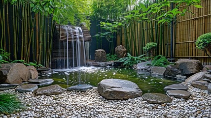 serene water garden including a bamboo water fountain.