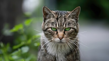 Intensely staring green eyed domestic cat shows displeasure on camera while guarding his territory