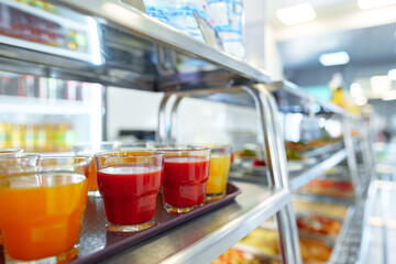 Colorful Array of Fruit Juice Cups on a Serving Cart in a Cafeteria