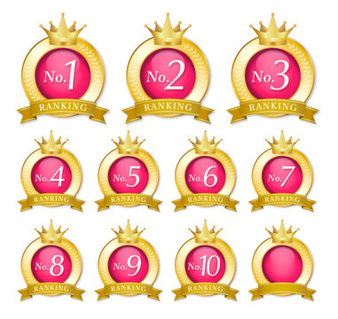 ピンクと金のランキングメダル　王冠　リボン　ラベル