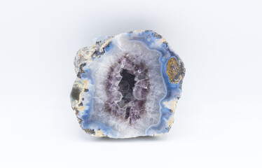Natural gem purple amethyst round polished and finished geode isolated on white background. Crystal...