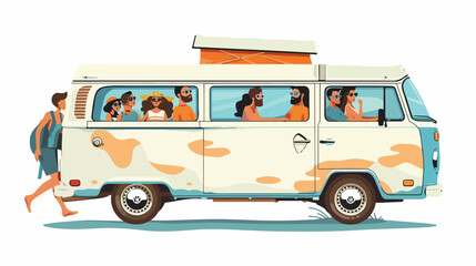 Group of young people traveling in vintage bus Camper