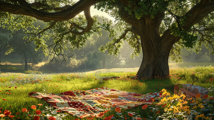 An idyllic picnic scene in a sunlit meadow, with a colorful patchwork quilt spread out under the shade of a towering oak tree, inviting picnickers to unwind and savor the moment. - obrazy, fototapety, plakaty