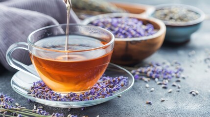 Cup of healthy lavender tea and dry lavender flowers. Bowls of dry medicinal herbs on background - obrazy, fototapety, plakaty