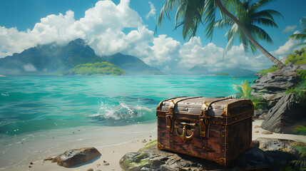 Pirate treasure chest on a deserted island
