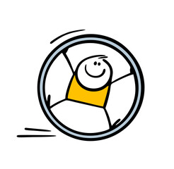 Funny little boy is having fun, playing a game, rolling in a wheel. A vector illustration of a stickman in a circus shows an acrobatic number. Isolated cartoon character on white background.
