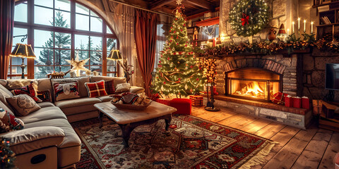 Cozy christmas living room cozy living room with a fireplace a Christmas tree and gifts - obrazy, fototapety, plakaty