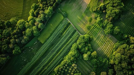 Bird's eye view of abstraction agricultural area and green wavy fields in sunny day. - obrazy, fototapety, plakaty