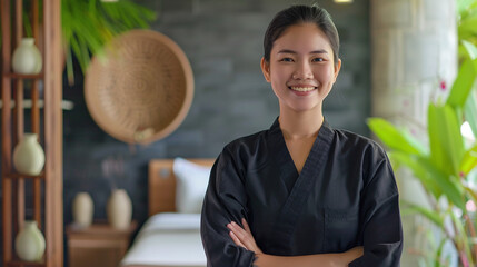 Young beautiful woman asian masseuse on spa background