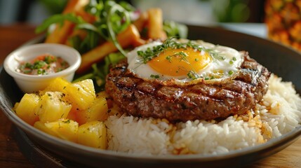 Grilled pineapple and sunny side up egg garnishing a hamburger patty served with rice fries and...