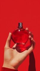 Obraz premium red bottle of perfume on a red background