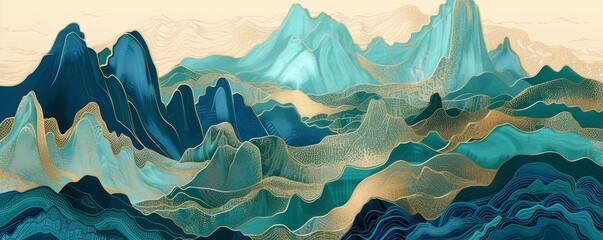 landscape in the mountains, Abstract mountains. Aesthetic watercolor Chinese golden mountain with pavilions background wallpaper. illustration for prints wall arts and canvas. © peacefy