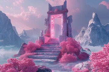The throne of the goodness stands in the centre of the picture, Simple structure, without humans, dreamy, pink colour, 8K - obrazy, fototapety, plakaty